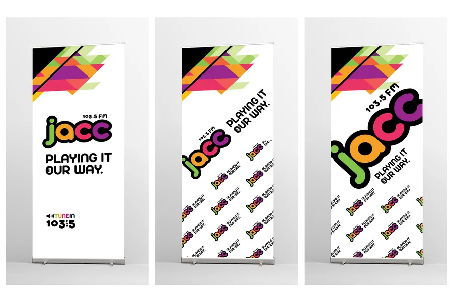 Jacc FM pull-up banners and colourful campaign identity by BrandsByAura